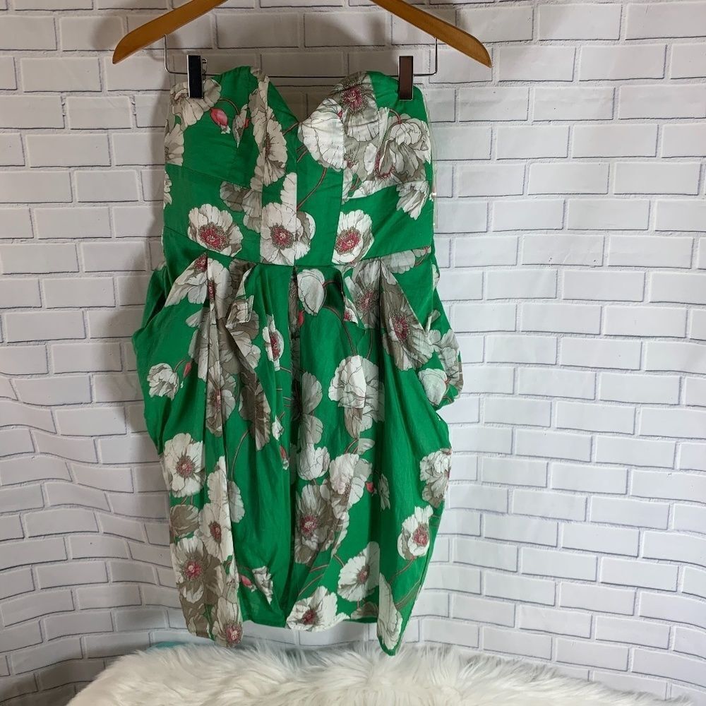 I.C.U. Green‎ Floral Strapless Front Pleat Dress
